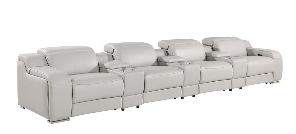 Light Gray Italian Leather Reclining USB Sofa - 169-inch