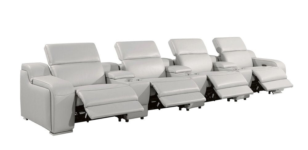 Light Gray Italian Leather Reclining USB Sofa - 169-inch