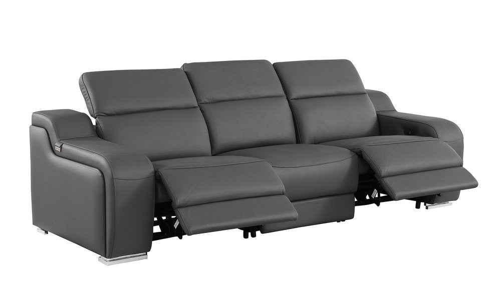 Light Gray Italian Leather Reclining USB Sofa - 103-inch