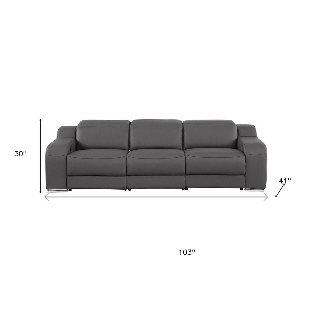 Light Gray Italian Leather Reclining USB Sofa - 103-inch