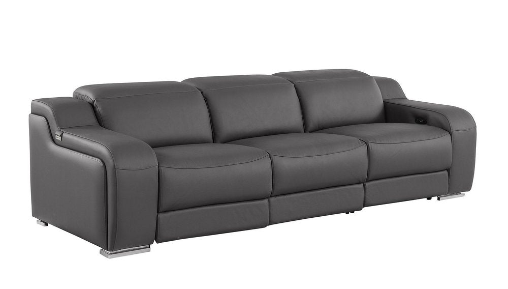 Light Gray Italian Leather Reclining USB Sofa - 103-inch