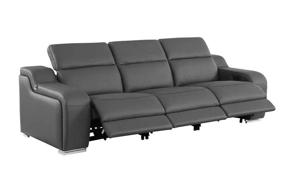 Light Gray Italian Leather Reclining USB Sofa - 103-inch