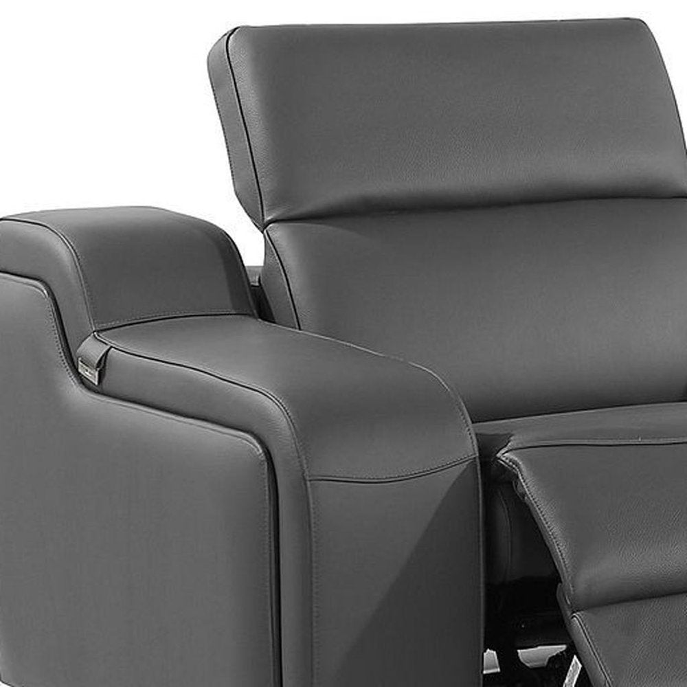 Light Gray Italian Leather Reclining USB Sofa - 129-inch