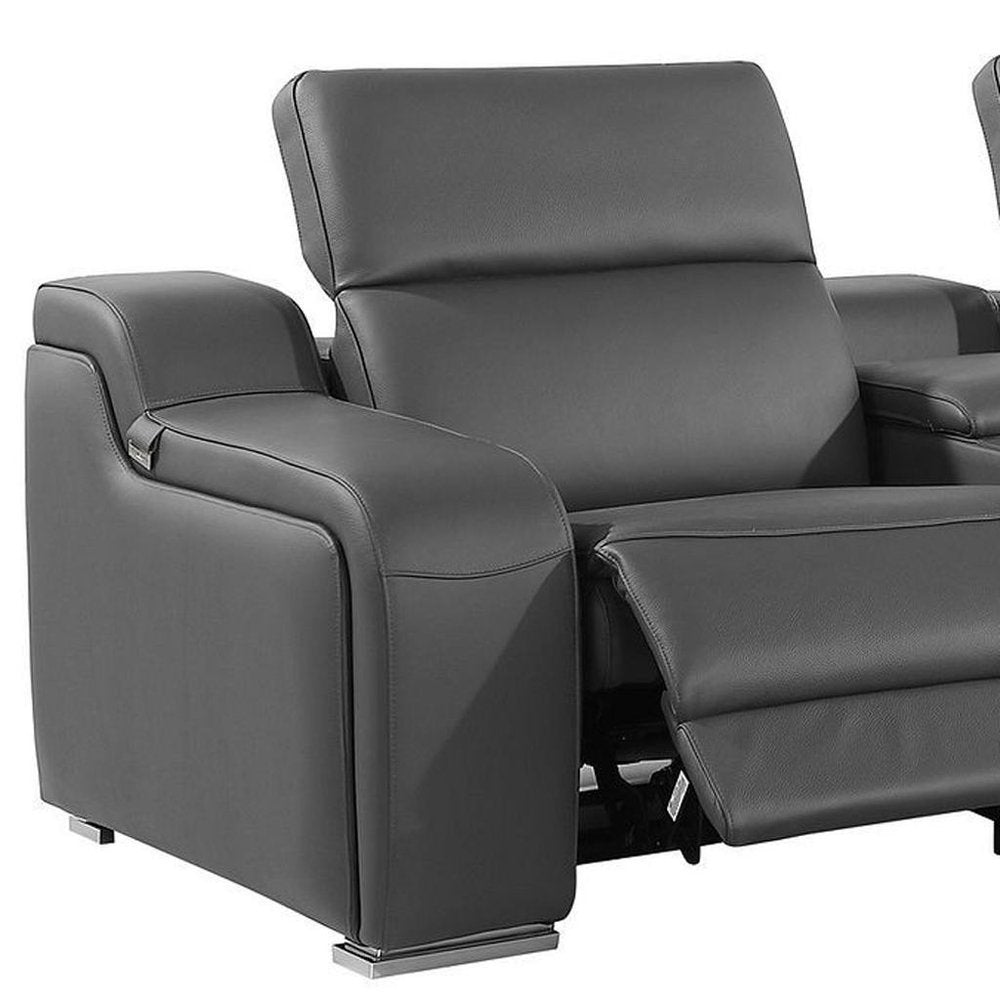 Light Gray Italian Leather Reclining USB Sofa - 129-inch