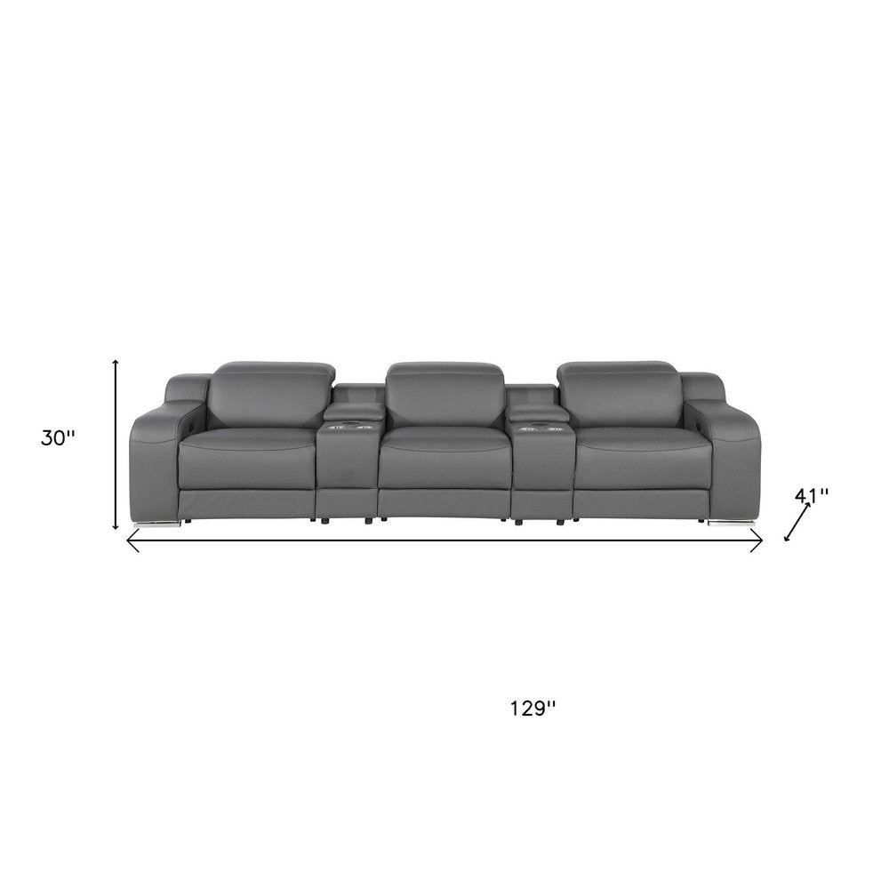 Light Gray Italian Leather Reclining USB Sofa - 129-inch