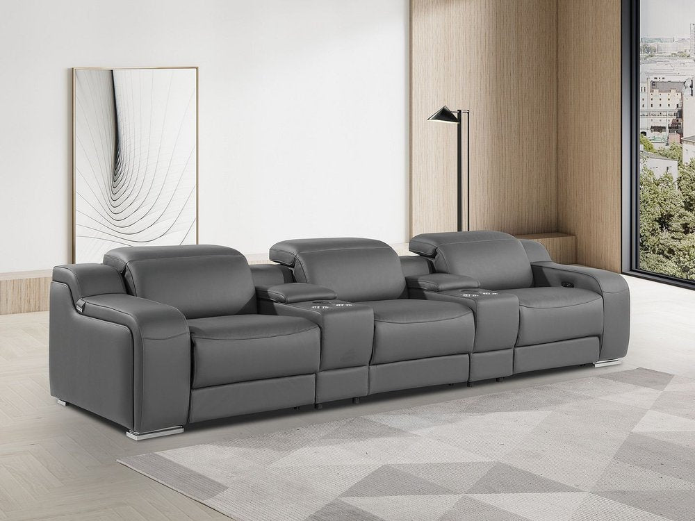 Light Gray Italian Leather Reclining USB Sofa - 129-inch