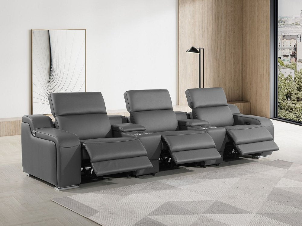 Light Gray Italian Leather Reclining USB Sofa - 129-inch