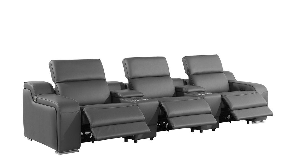 Light Gray Italian Leather Reclining USB Sofa - 129-inch
