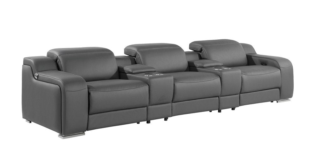 Light Gray Italian Leather Reclining USB Sofa - 129-inch