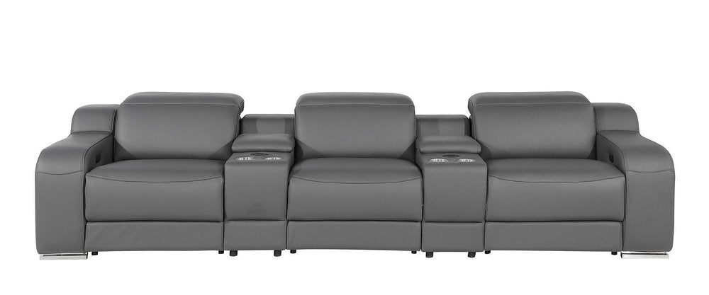 Light Gray Italian Leather Reclining USB Sofa - 129-inch