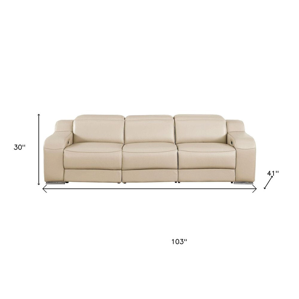 Light Gray Italian Leather Reclining USB Sofa - 103-inch