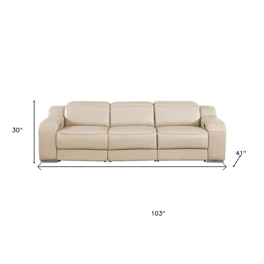 Light Gray Italian Leather Reclining USB Sofa - 103-inch