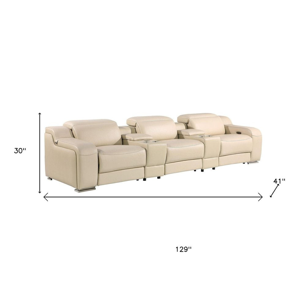 Light Gray Italian Leather Reclining USB Sofa - 129-inch