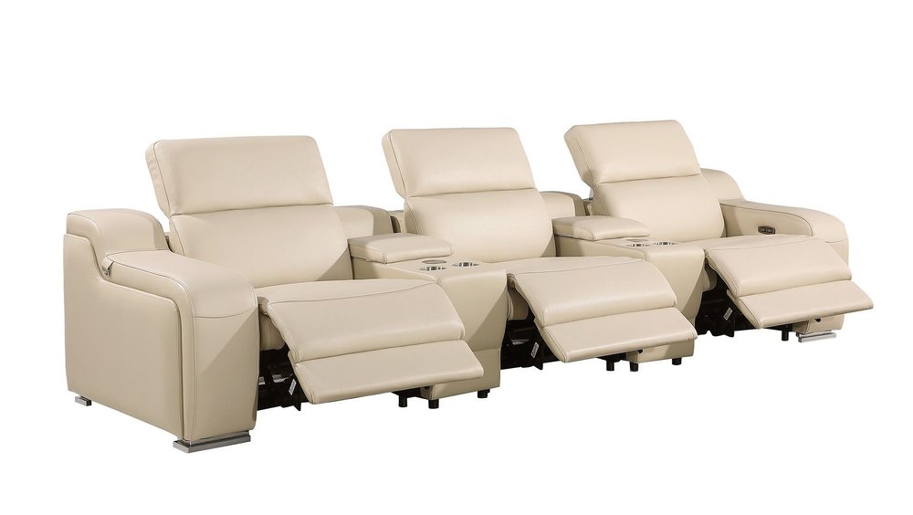 Light Gray Italian Leather Reclining USB Sofa - 129-inch