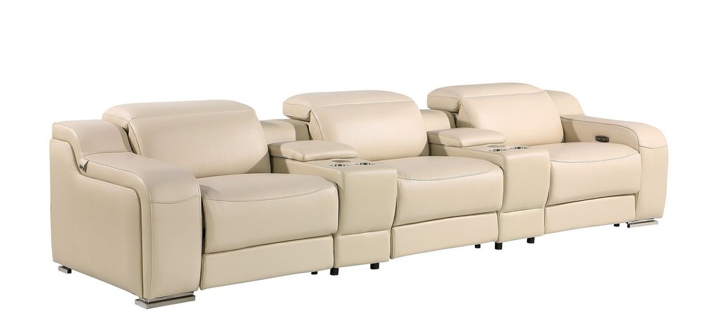 Light Gray Italian Leather Reclining USB Sofa - 129-inch