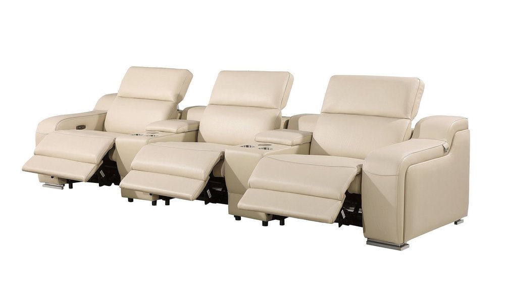 Light Gray Italian Leather Reclining USB Sofa - 129-inch