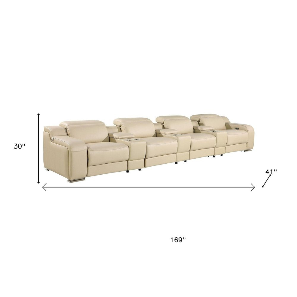 Light Gray Italian Leather Reclining USB Sofa - 169-inch