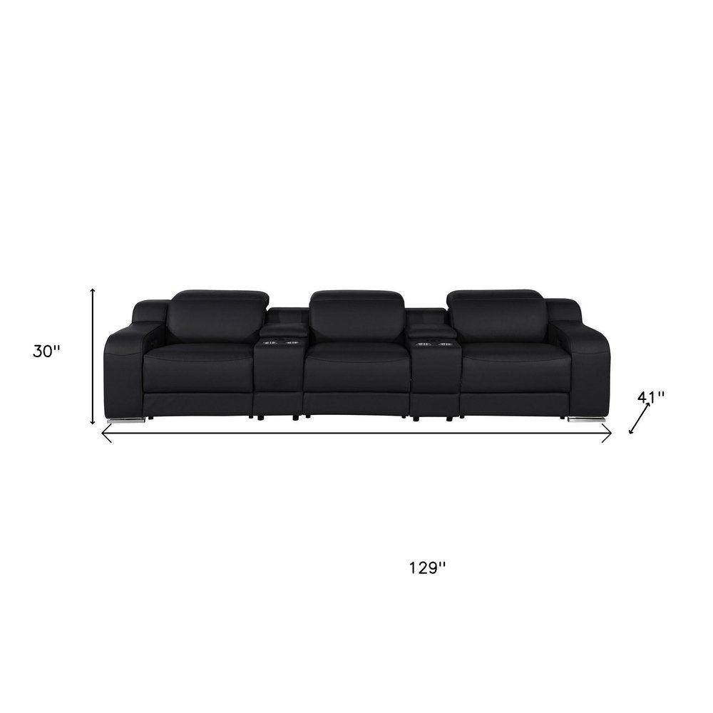 Light Gray Italian Leather Reclining USB Sofa - 129-inch