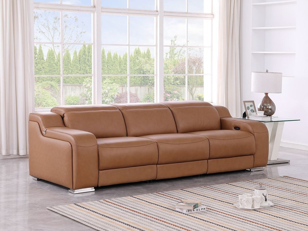 Light Gray Italian Leather Reclining USB Sofa - 103-inch