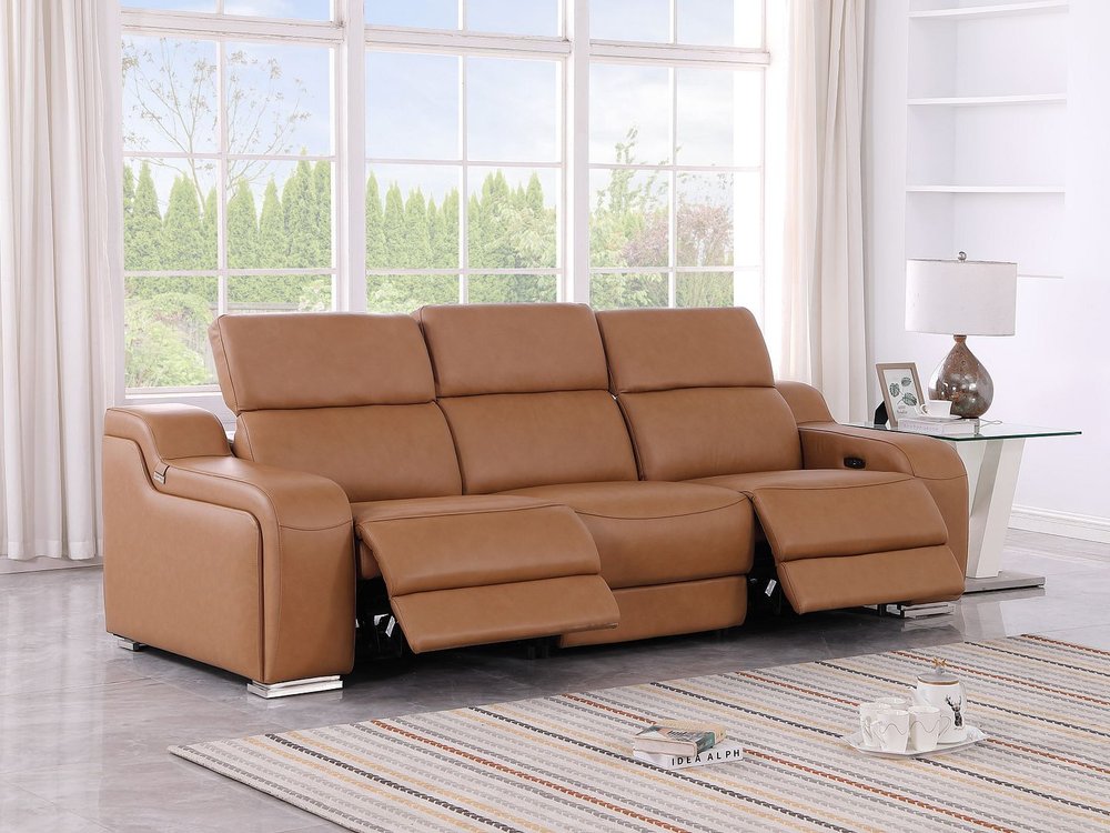 Light Gray Italian Leather Reclining USB Sofa - 103-inch