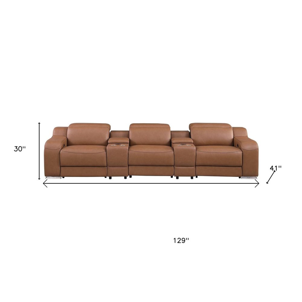 Light Gray Italian Leather Reclining USB Sofa - 129-inch