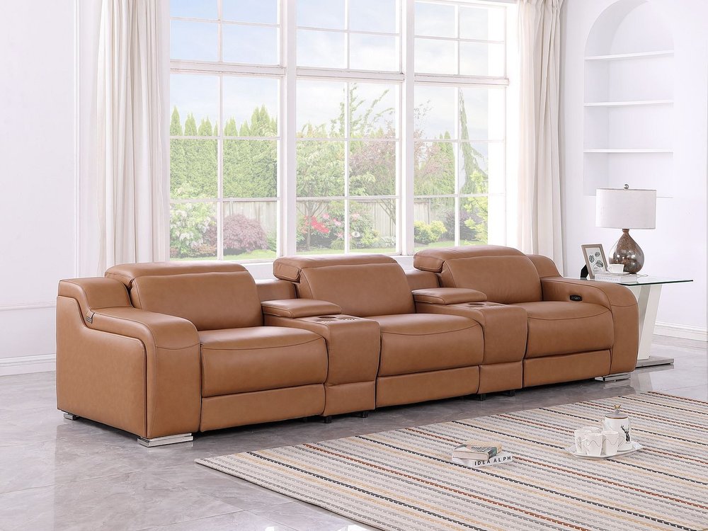 Light Gray Italian Leather Reclining USB Sofa - 129-inch