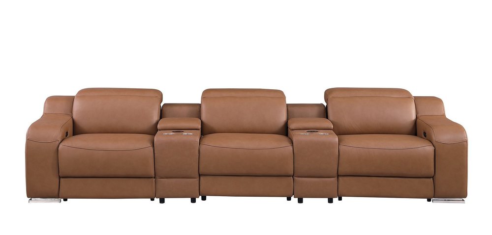 Light Gray Italian Leather Reclining USB Sofa - 129-inch