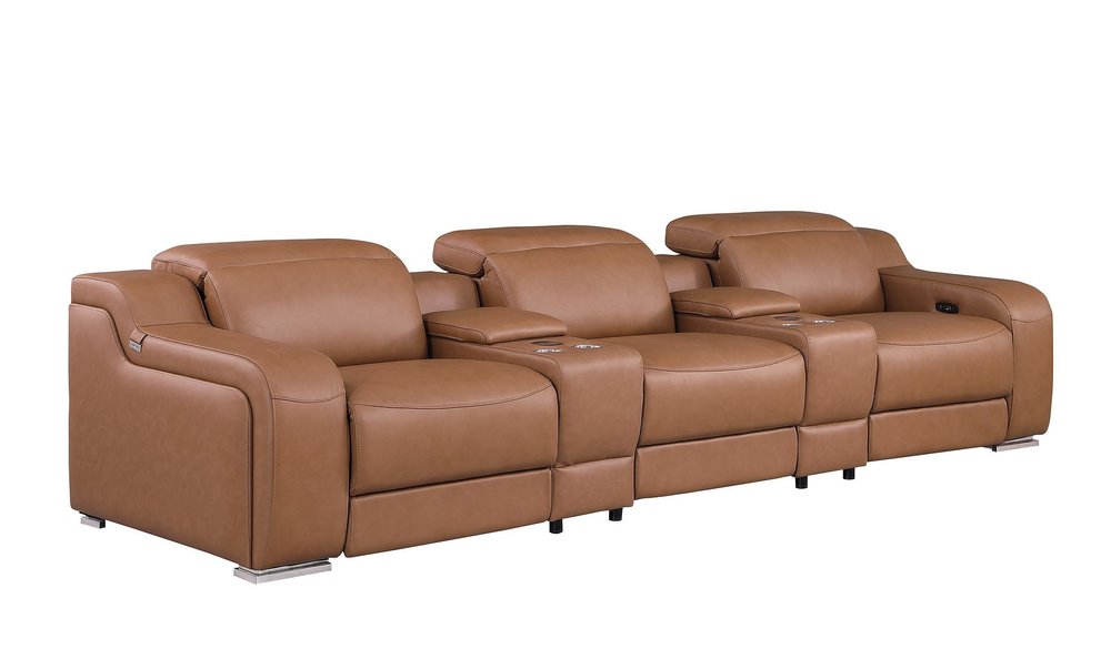 Light Gray Italian Leather Reclining USB Sofa - 129-inch