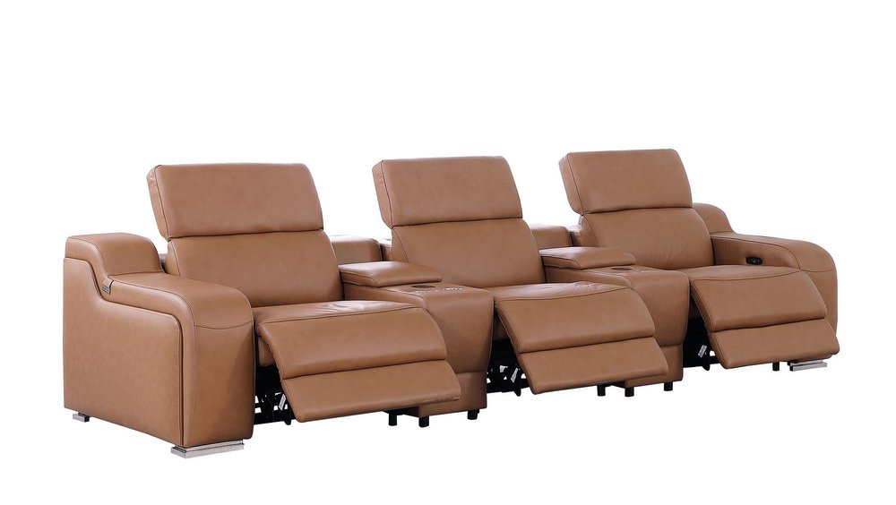 Light Gray Italian Leather Reclining USB Sofa - 129-inch