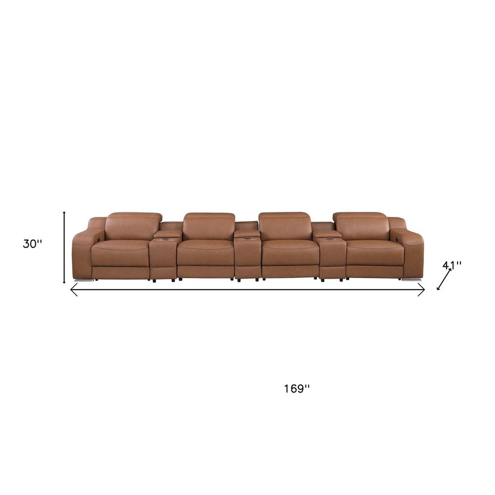 Light Gray Italian Leather Reclining USB Sofa - 169-inch