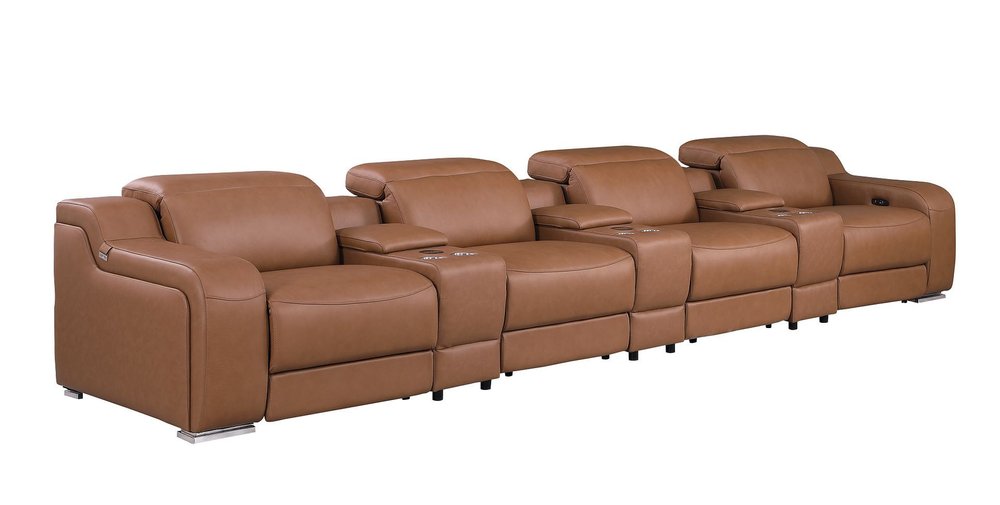 Light Gray Italian Leather Reclining USB Sofa - 169-inch