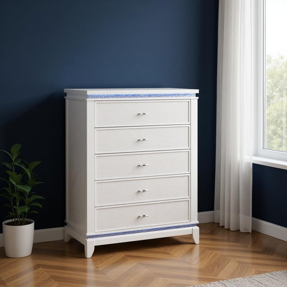 White Faux Crystal Glitter Wood Lighted Five Drawer Dresser - 36-inch