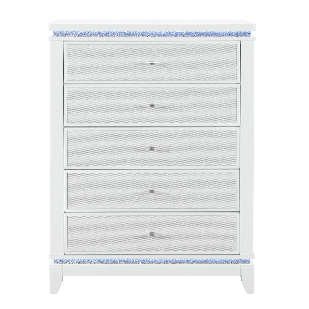 White Faux Crystal Glitter Wood Lighted Five Drawer Dresser - 36-inch