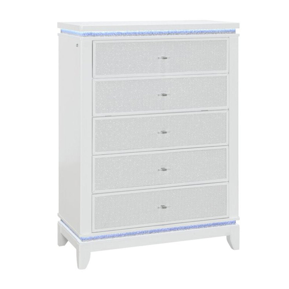 White Faux Crystal Glitter Wood Lighted Five Drawer Dresser - 36-inch