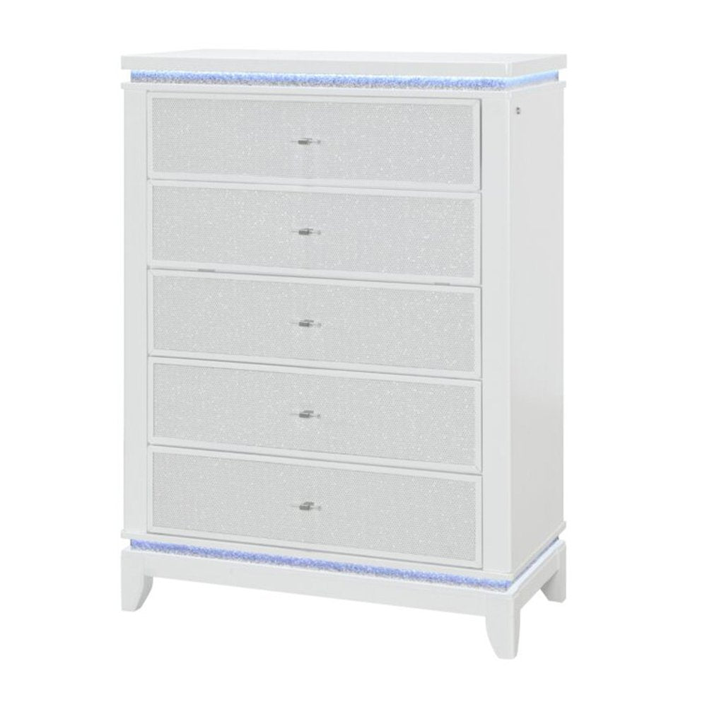 White Faux Crystal Glitter Wood Lighted Five Drawer Dresser - 36-inch