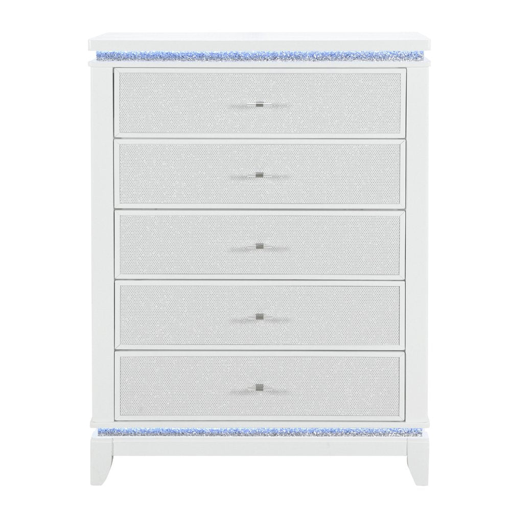 White Faux Crystal Glitter Wood Lighted Five Drawer Dresser - 36-inch