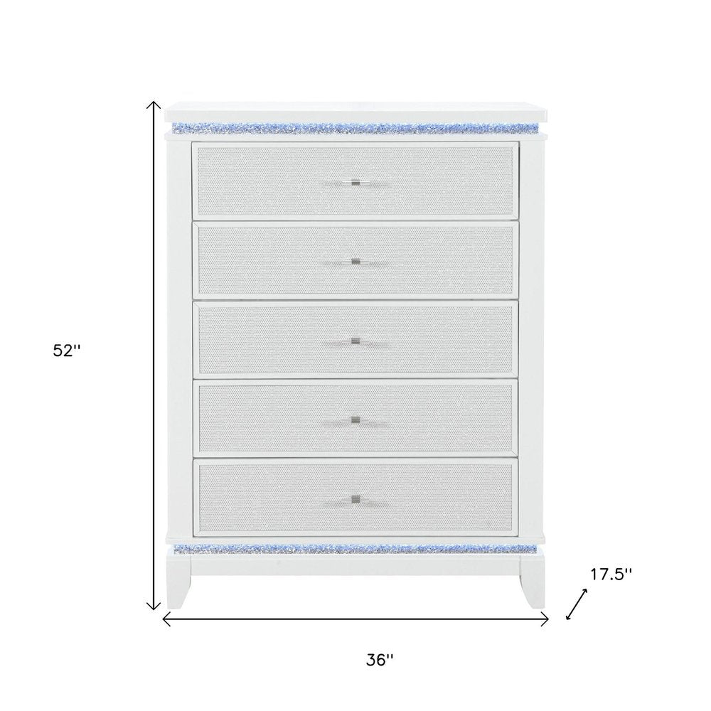 White Faux Crystal Glitter Wood Lighted Five Drawer Dresser - 36-inch