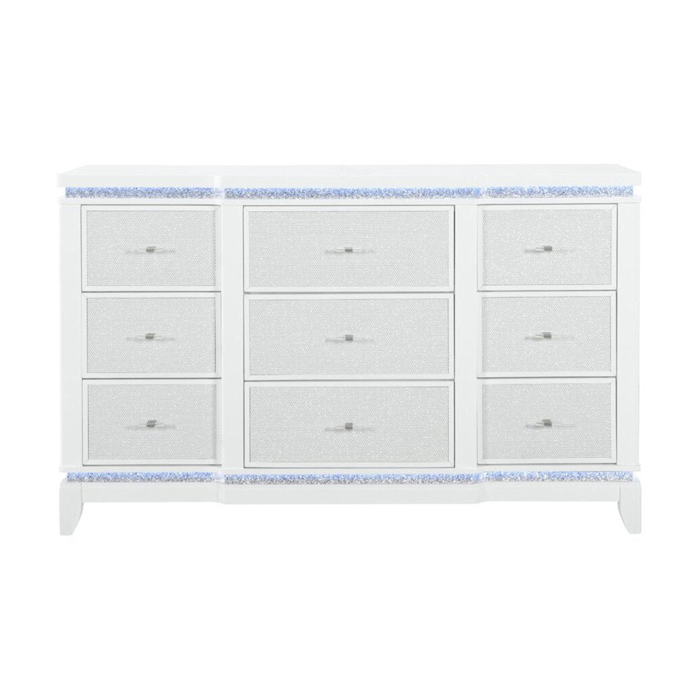 White Faux Crystal Glitter Wood Lighted Nine Drawer Triple Dresser - 62-inch