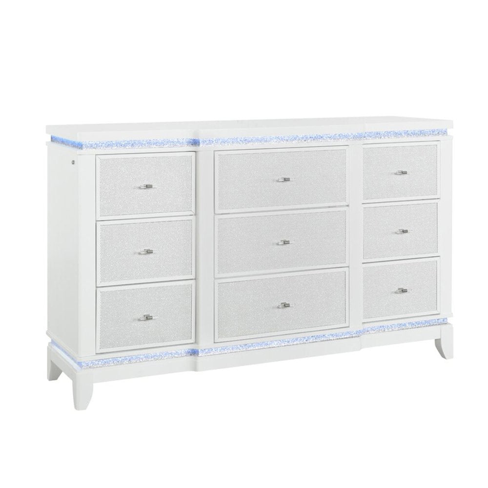 White Faux Crystal Glitter Wood Lighted Nine Drawer Triple Dresser - 62-inch