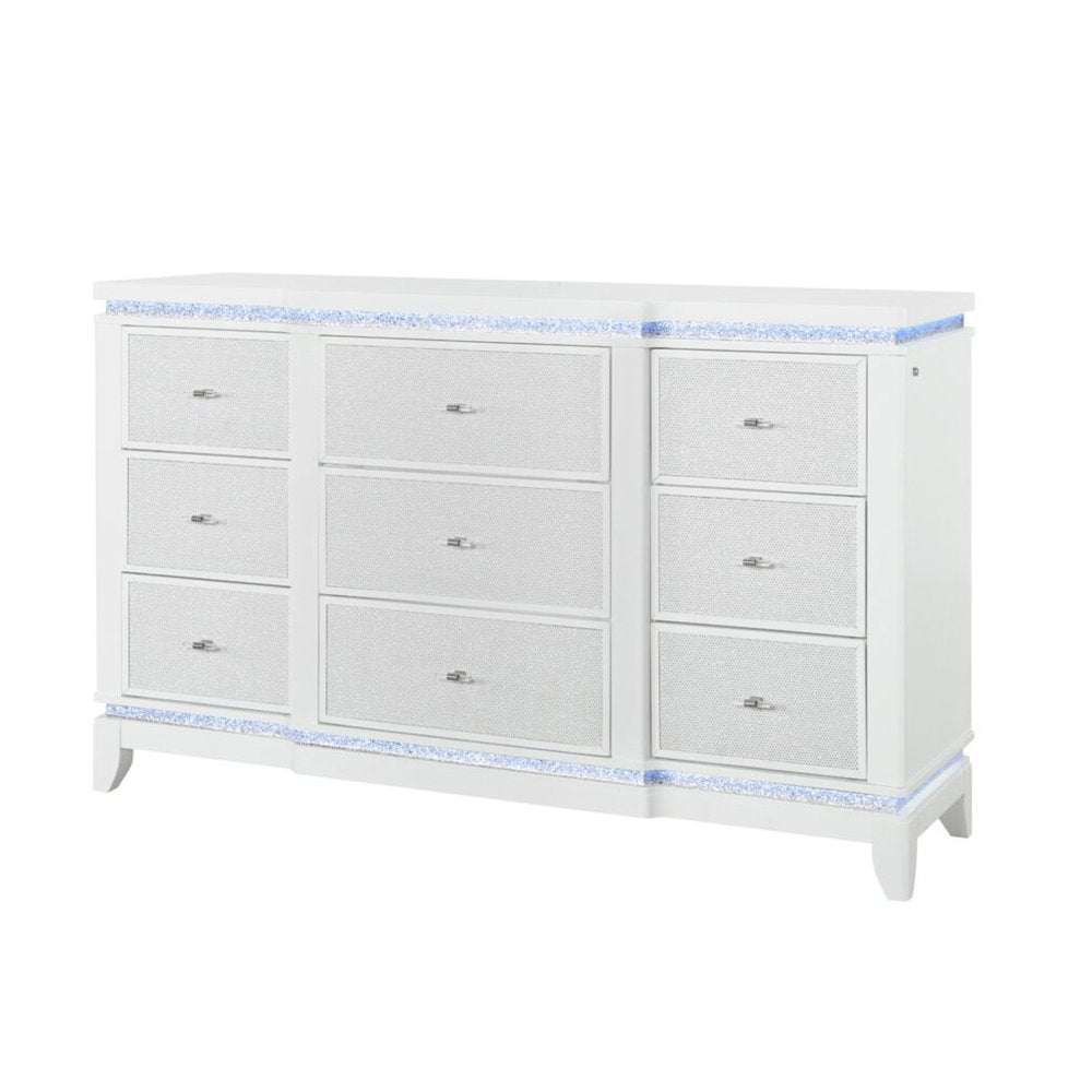 White Faux Crystal Glitter Wood Lighted Nine Drawer Triple Dresser - 62-inch