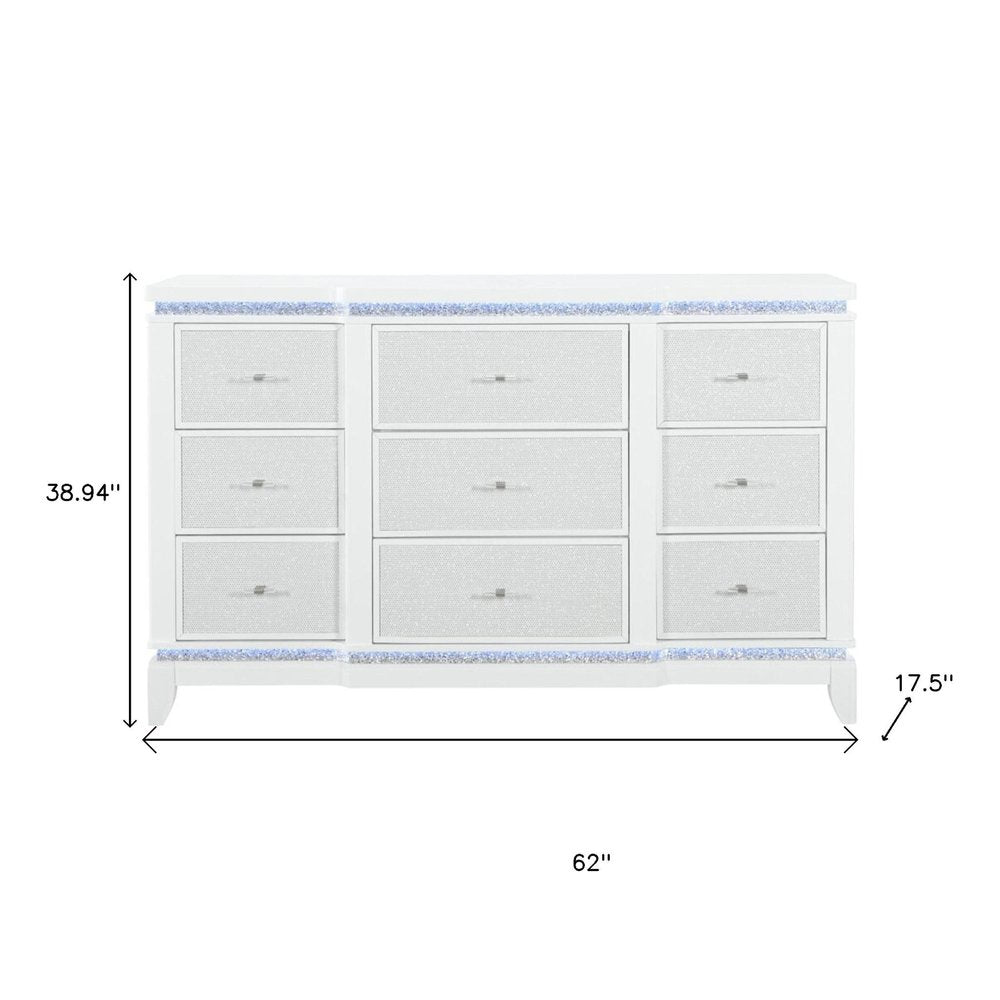 White Faux Crystal Glitter Wood Lighted Nine Drawer Triple Dresser - 62-inch