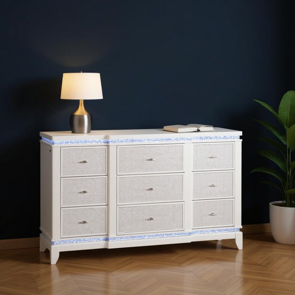 White Faux Crystal Glitter Wood Lighted Nine Drawer Triple Dresser - 62-inch