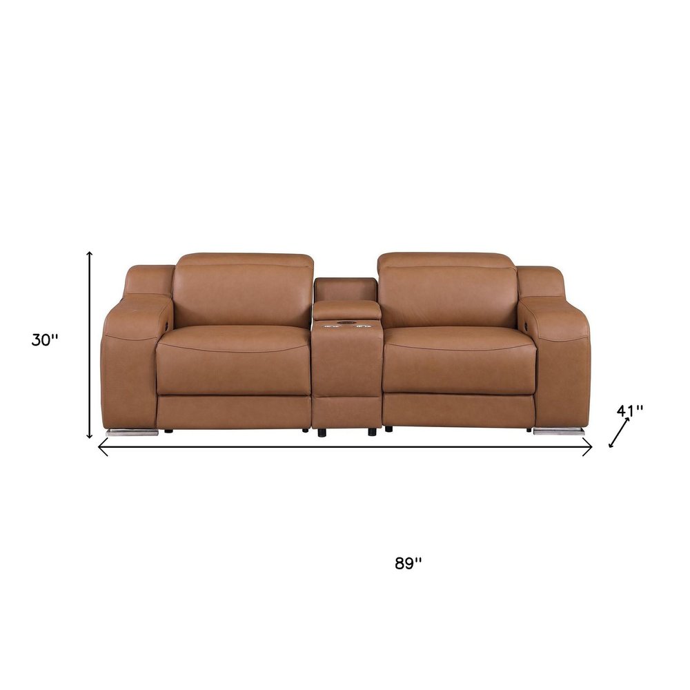 Cognac and Silver Italian Leather Power Reclining Loveseat with Storage