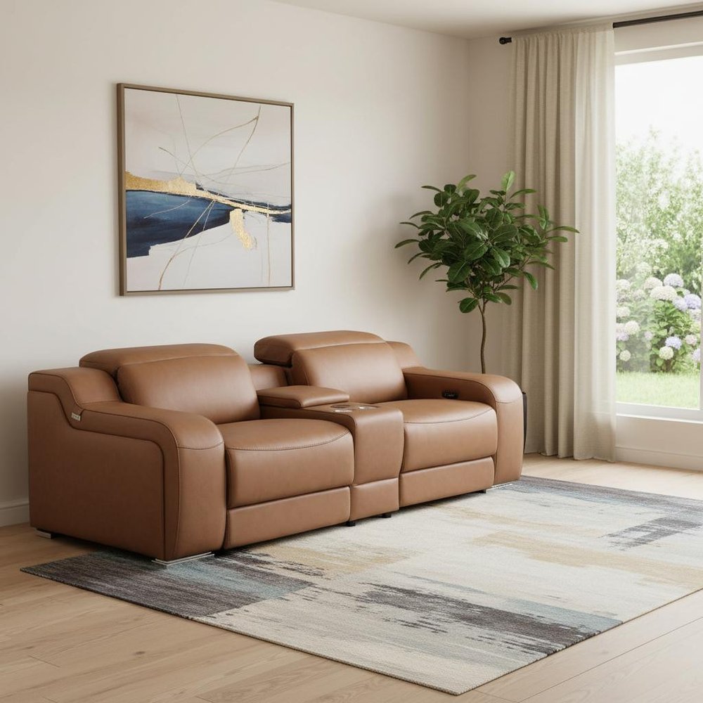 Cognac and Silver Italian Leather Power Reclining Loveseat with Storage