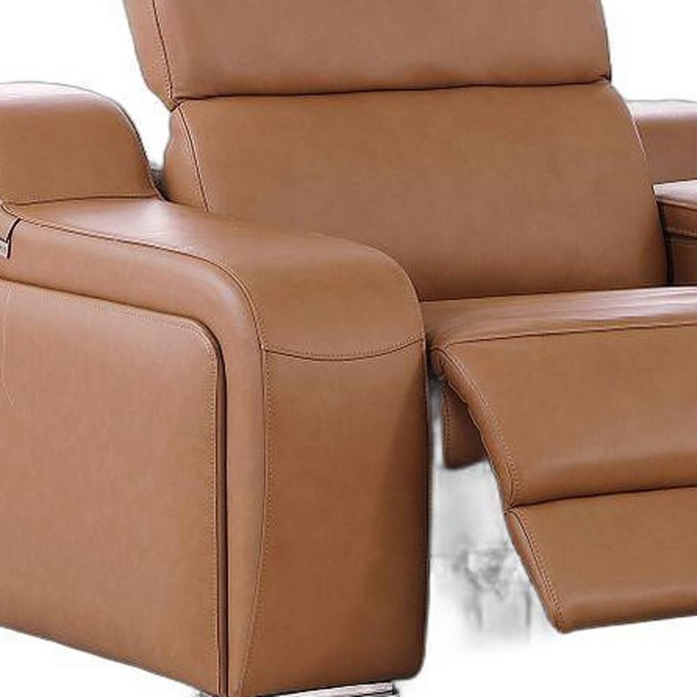 Cognac and Silver Italian Leather Power Reclining Loveseat with Storage