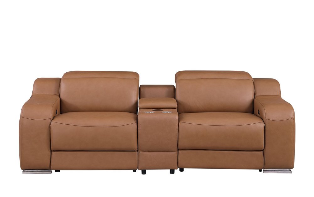 Cognac and Silver Italian Leather Power Reclining Loveseat with Storage