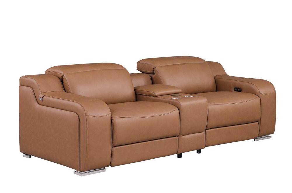 Cognac and Silver Italian Leather Power Reclining Loveseat with Storage