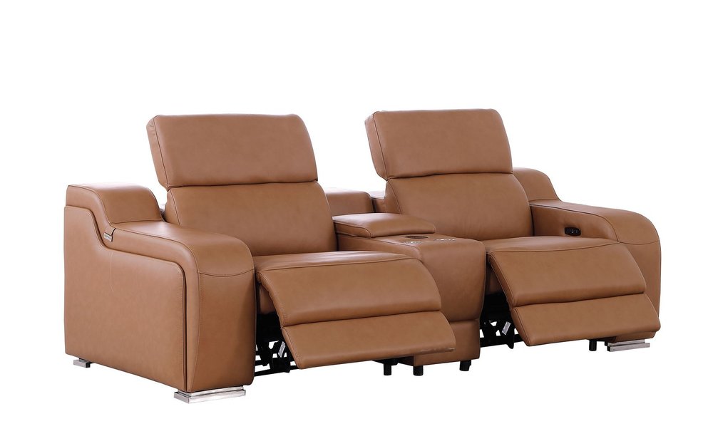 Cognac and Silver Italian Leather Power Reclining Loveseat with Storage