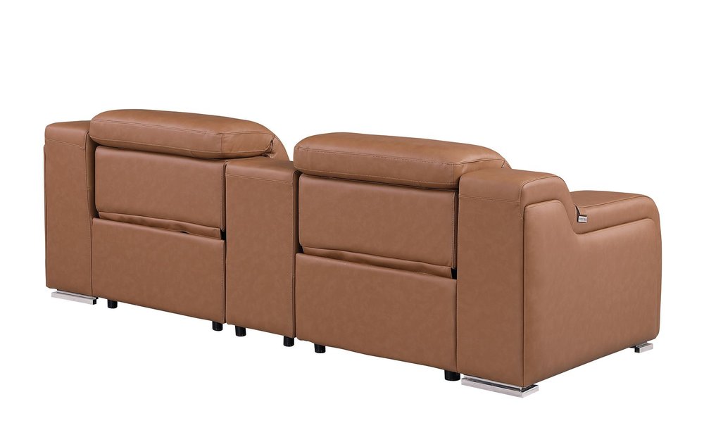 Cognac and Silver Italian Leather Power Reclining Loveseat with Storage