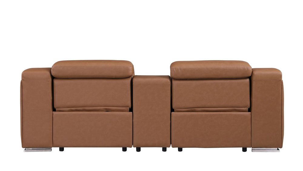 Cognac and Silver Italian Leather Power Reclining Loveseat with Storage